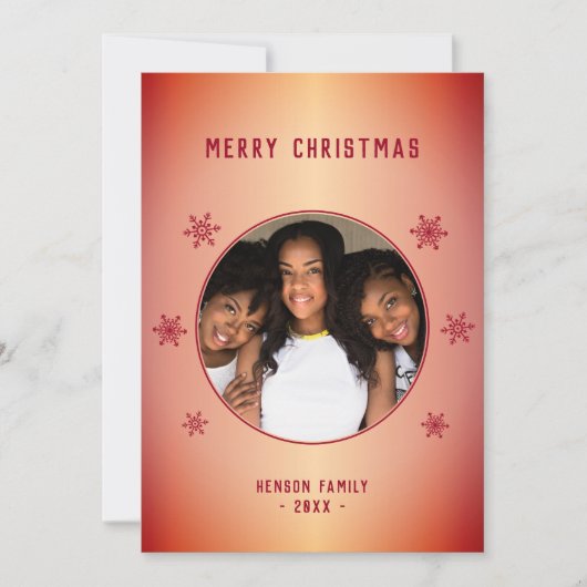 レッドメタリックスノーフレークファミリーフォトクリスマスカード (正面)