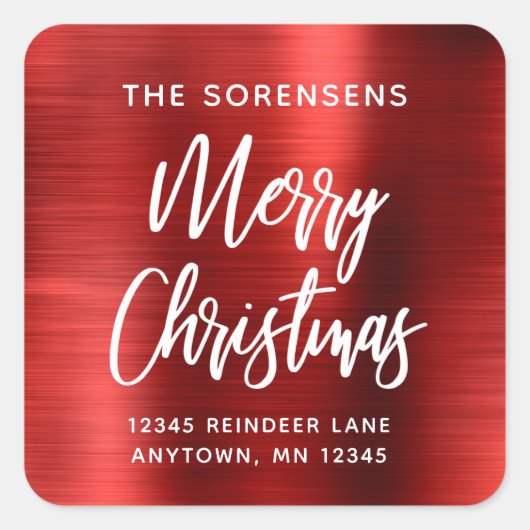 レッドメタリックメリークリスマス差出人住所 スクエアシール (正面)