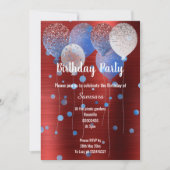 レッドメタリック&ブルー誕生日バルーンスポット 招待状 (正面)