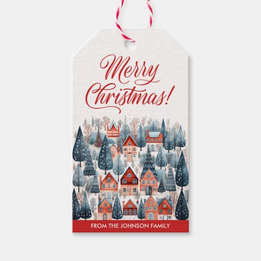レッドメリークリスマスウィンタービレッジホリデー ギフトタグ (正面)