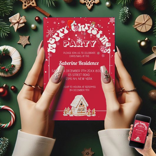 レッドメリークリスマスグラフィティパーティの招待状 招待状