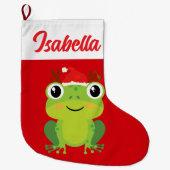 レッドメリークリスマスグリーンフロッグサンタハットクリスマス ラージクリスマスストッキング (正面)