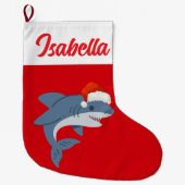 レッドメリークリスマスシャークフィッシュサンタハットクリスマス ラージクリスマスストッキング (正面)