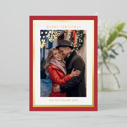 レッドメリークリスマスシンプルのモダン写真 箔シーズンカード (立ち正面)