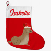 レッドメリークリスマスシーライオンサンタクリスマスパーティー ラージクリスマスストッキング (正面)