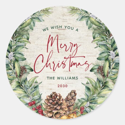 レッドメリークリスマススクリプトパインクリスマスリース ラウンドシール (正面)