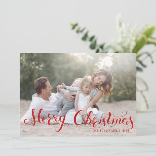 レッドメリークリスマススクリプトホリデーフォトフラットカード シーズンカード (スタンド正面)