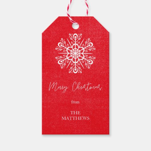 レッドメリークリスマススノーフレークモダンの名前 ギフトタグ (正面)