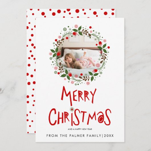 レッドメリークリスマスタイポグラフィとリース写真 シーズンカード (正面/裏面)