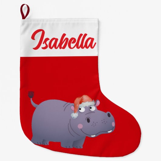 レッドメリークリスマスヒッポ動物園サンタハットクリスマス ラージクリスマスストッキング (正面)