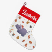 レッドメリークリスマスヒッポ動物園サンタハットクリスマス ラージクリスマスストッキング (正面 (吊り時))