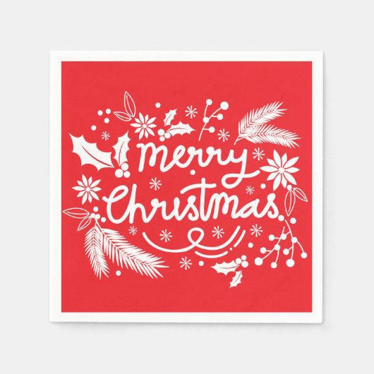 レッドメリークリスマスフェスティバルホリデーホワイトフローラ スタンダードカクテルナプキン (正面)