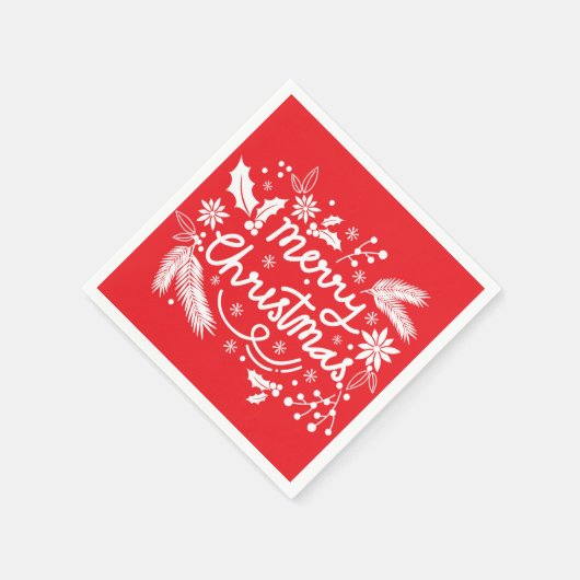 レッドメリークリスマスフェスティバルホリデーホワイトフローラ スタンダードカクテルナプキン (角)