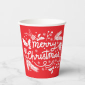 レッドメリークリスマスフェスティバルホリデーホワイトフローラ 紙コップ (正面)
