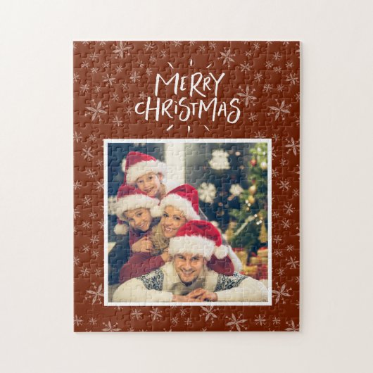 レッドメリークリスマスフォトジグのスノーフレーク模様 ジグソーパズル (縦)