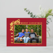 レッドメリークリスマスフォト金ゴールド 箔シーズンカード (立ち正面)