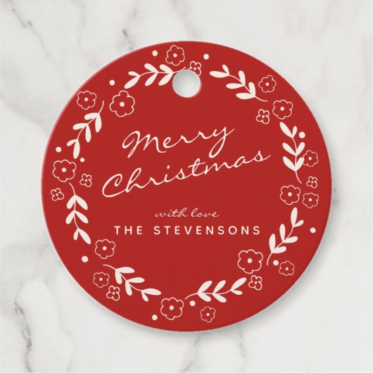 レッドメリークリスマスフローラリースシンプルカスタム フェイバータグ (正面)
