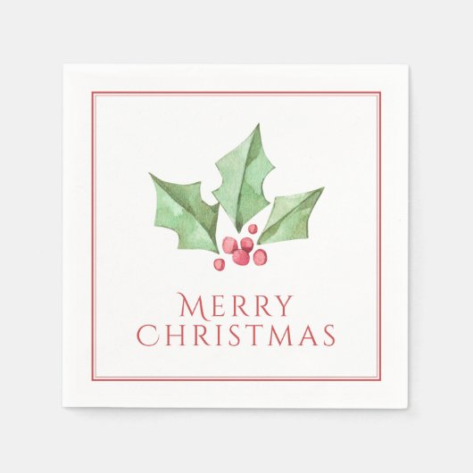 レッドメリークリスマスホリーベリーホリデー スタンダードカクテルナプキン (正面)