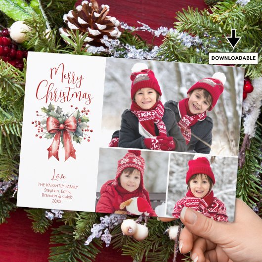レッドメリークリスマス3枚の写真スクリプトホリーボウ シーズンカード
