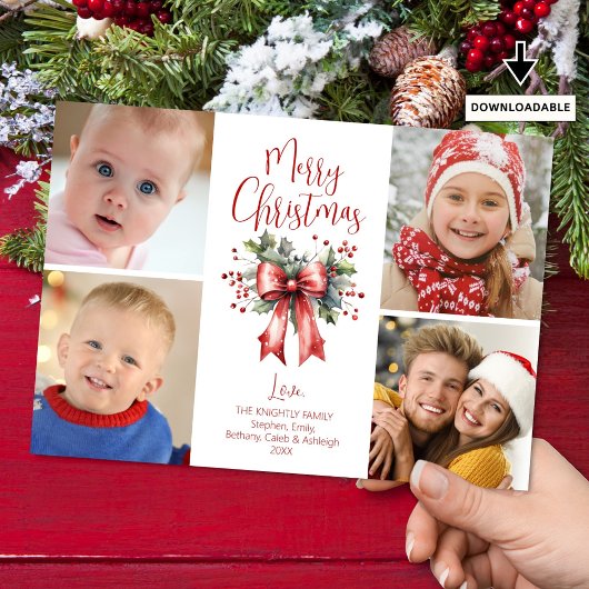 レッドメリークリスマス4フォトスクリプトボウホリー シーズンカード