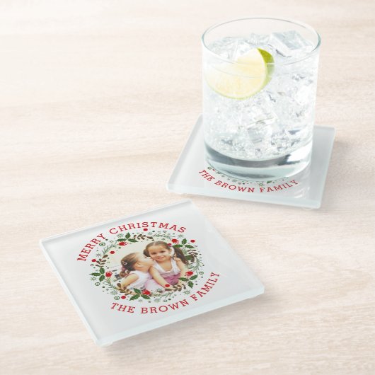 レッドメリークリスマス、フローラリースの休日の写真 ガラスコースター (アングル)