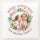 レッドメリークリスマス、フローラリースの休日の写真 ガラスコースター (正面)