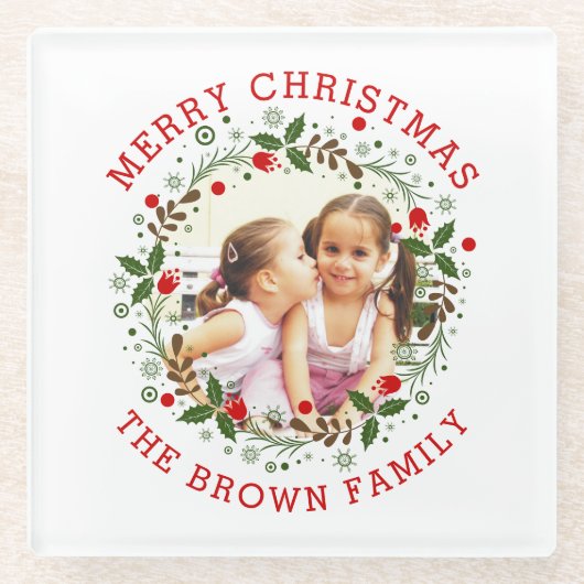 レッドメリークリスマス、フローラリースの休日の写真 ガラスコースター (正面)