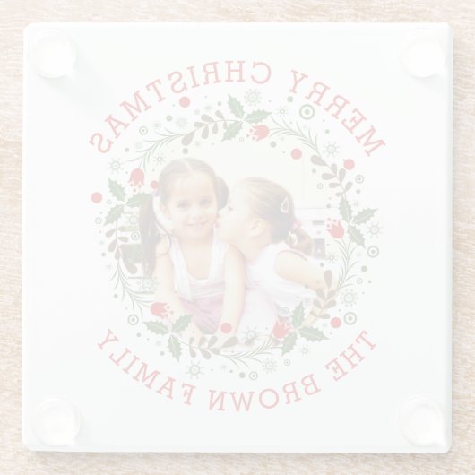 レッドメリークリスマス、フローラリースの休日の写真 ガラスコースター (裏面)