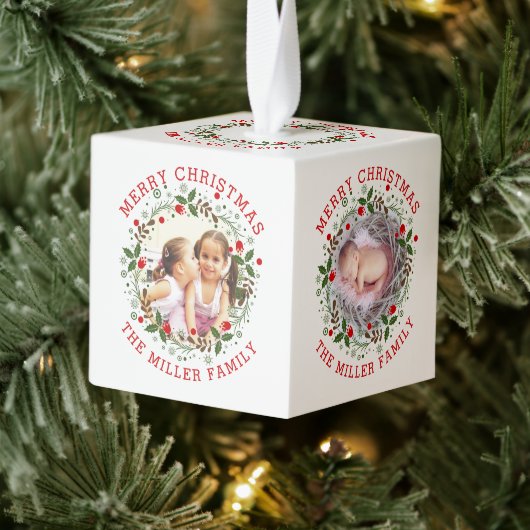 レッドメリークリスマス、フローラリースの休日の写真 キューブオーナメント (ツリー)