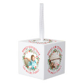 レッドメリークリスマス、フローラリースの休日の写真 キューブオーナメント (裏面アングル)