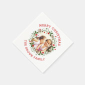 レッドメリークリスマス、フローラリースの休日の写真 スタンダードカクテルナプキン (角)