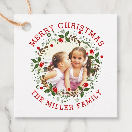 レッドメリークリスマス、フローラリースの休日の写真 フェイバータグ (正面)