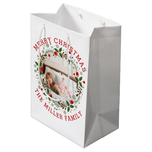 レッドメリークリスマス、フローラリースの休日の写真 ミディアムペーパーバッグ (裏面アングル)