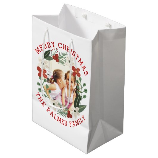レッドメリークリスマス、花の果実の休日の写真 ミディアムペーパーバッグ (正面アングル)