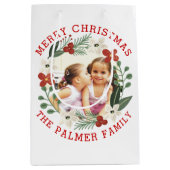 レッドメリークリスマス、花の果実の休日の写真 ミディアムペーパーバッグ (正面)