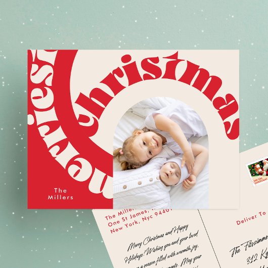 レッドモダンはっきりしたタイポグラフィChristmas One写真 シーズンポストカード