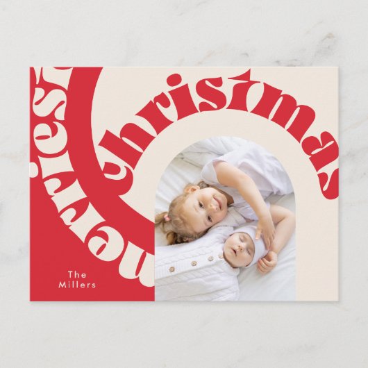 レッドモダンはっきりしたタイポグラフィChristmas One写真 シーズンポストカード (正面)