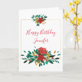 レッドモダングリーン&金ゴールドクリスマスフローラ誕生日 カード (黄色い花)