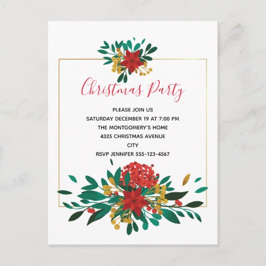 レッドモダングリーン&金ゴールドクリスマスブーケパーティー インビテーションポストカード (正面)