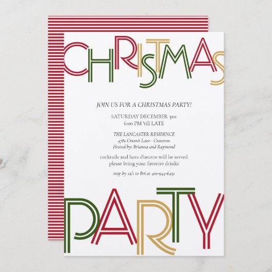 レッドモダンストライプグリーン金ゴールドクリスマスパーティー  招待状 (正面/裏面)