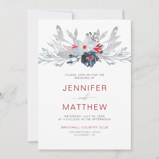 レッドモダンストライプフローラネイビーレッドグレー結婚ズ | 招待状 (正面)