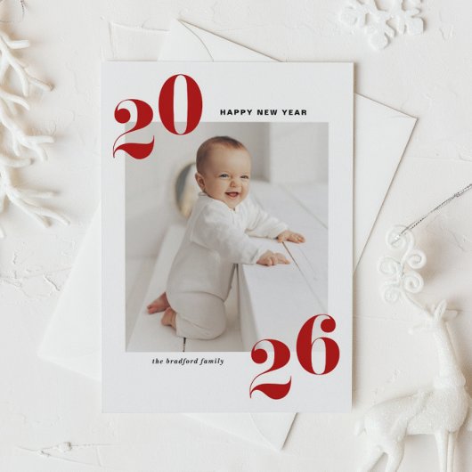 レッドモダンタイポグラフィハッピー2022年新年写真 シーズンポストカード