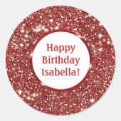 レッドモダンフェイクグリッタールックカスタムハッピーバースデー ラウンドシール (正面)