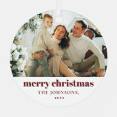 レッドモダンミニマルのメリークリスマス家族の写真 メタルオーナメント (裏面)