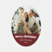 レッドモダンミニマルのメリークリスマス家族の写真 メタルオーナメント (正面左)