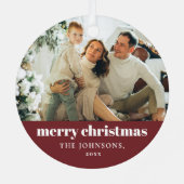 レッドモダンミニマルのメリークリスマス家族の写真 メタルオーナメント (裏面)