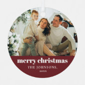 レッドモダンミニマルのメリークリスマス家族の写真 メタルオーナメント (正面)