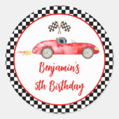 レッドモダンレースカー誕生日 ラウンドシール (正面)