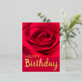 レッドモダンローズハッピーバースデー実在金ゴールド 箔シーズンポストカード (立ち正面)