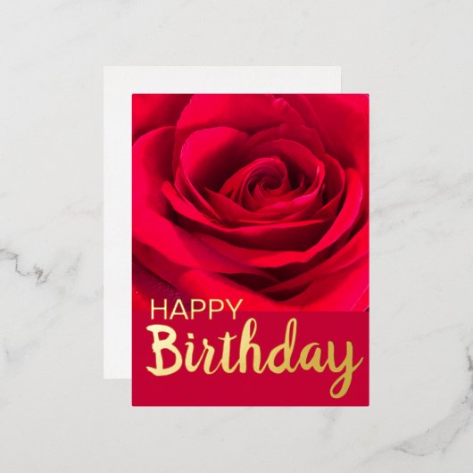 レッドモダンローズハッピーバースデー実在金ゴールド 箔シーズンポストカード (正面/裏面)